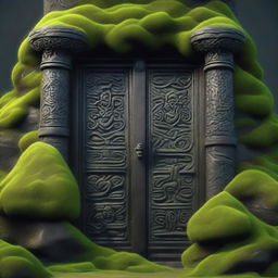 A detailed view of a black Dwarven door hidden behind thick green moss, embedded in a black mountain