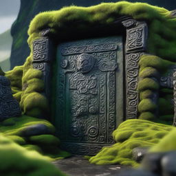 A detailed view of a black Dwarven door hidden behind thick green moss, embedded in a black mountain