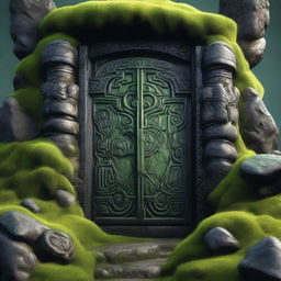 A detailed view of a black Dwarven door hidden behind thick green moss, embedded in a black mountain