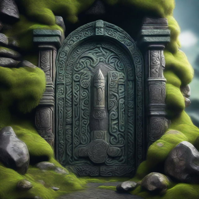 A detailed view of a black Dwarven door hidden behind thick green moss, embedded in a black mountain