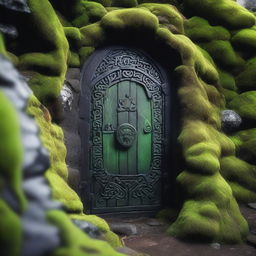 A detailed view of a black Dwarven door embedded in a black mountain, covered with green moss