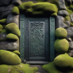 A detailed view of a black Dwarven door embedded in a black mountain, covered with green moss