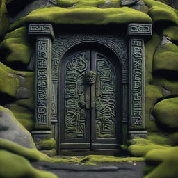 A detailed view of a black Dwarven door embedded in a black mountain, covered with green moss