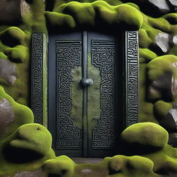 A detailed view of a black Dwarven door embedded in a black mountain, covered with green moss