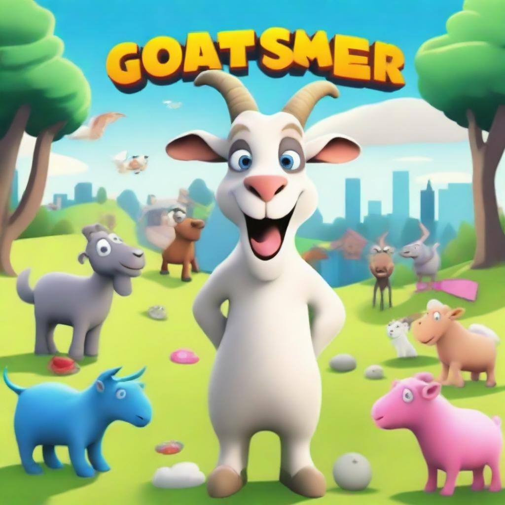 Create a vibrant and humorous cartoon animation poster for 'Goat Simulator 3'