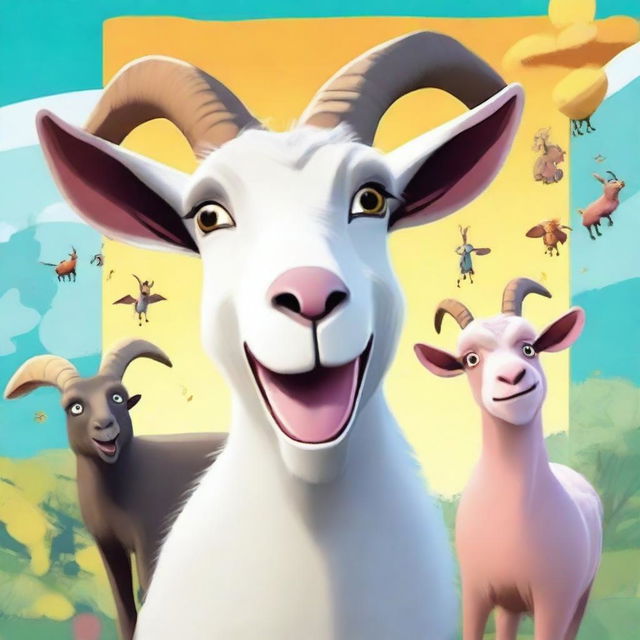 Create a vibrant and humorous cartoon animation poster for 'Goat Simulator 3'