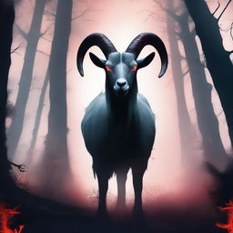 Create an image for a horror game titled 'The Horror Goat Simulator'