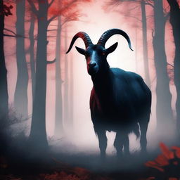 Create an image for a horror game titled 'The Horror Goat Simulator'