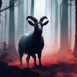 Create an image for a horror game titled 'The Horror Goat Simulator'