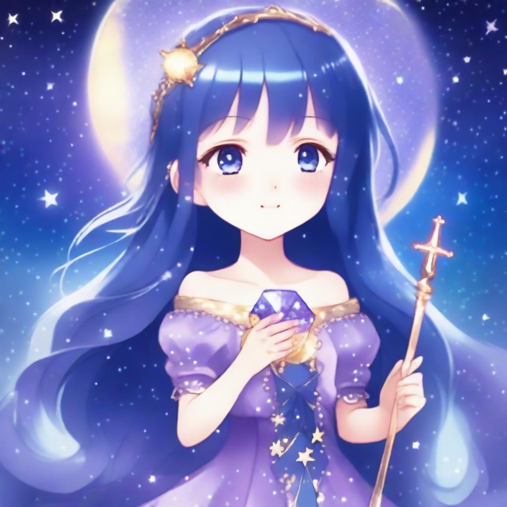 Capella Hoshira is a 10-year-old magical girl with long, sparkling night blue hair and deep purple eyes