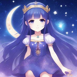 Capella Hoshira is a 10-year-old magical girl with long, sparkling night blue hair and deep purple eyes