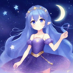 Capella Hoshira is a 10-year-old magical girl with long, sparkling night blue hair and deep purple eyes