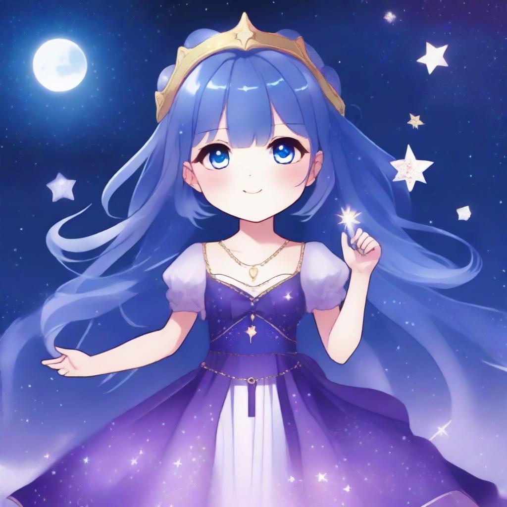 Capella Hoshira is a 10-year-old magical girl with long, sparkling night blue hair and deep purple eyes