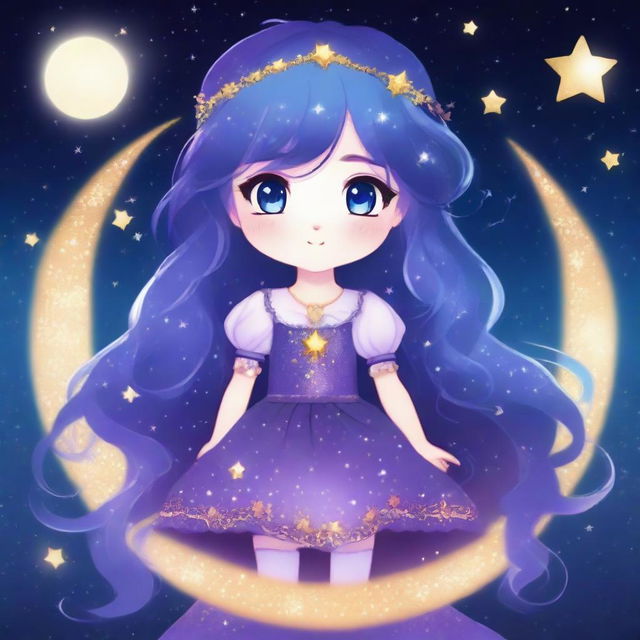 A year-old magical girl with long, sparkling night blue hair and deep purple eyes