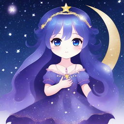 A year-old magical girl with long, sparkling night blue hair and deep purple eyes