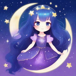 A year-old magical girl with long, sparkling night blue hair and deep purple eyes