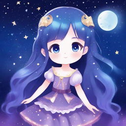 A year-old magical girl with long, sparkling night blue hair and deep purple eyes