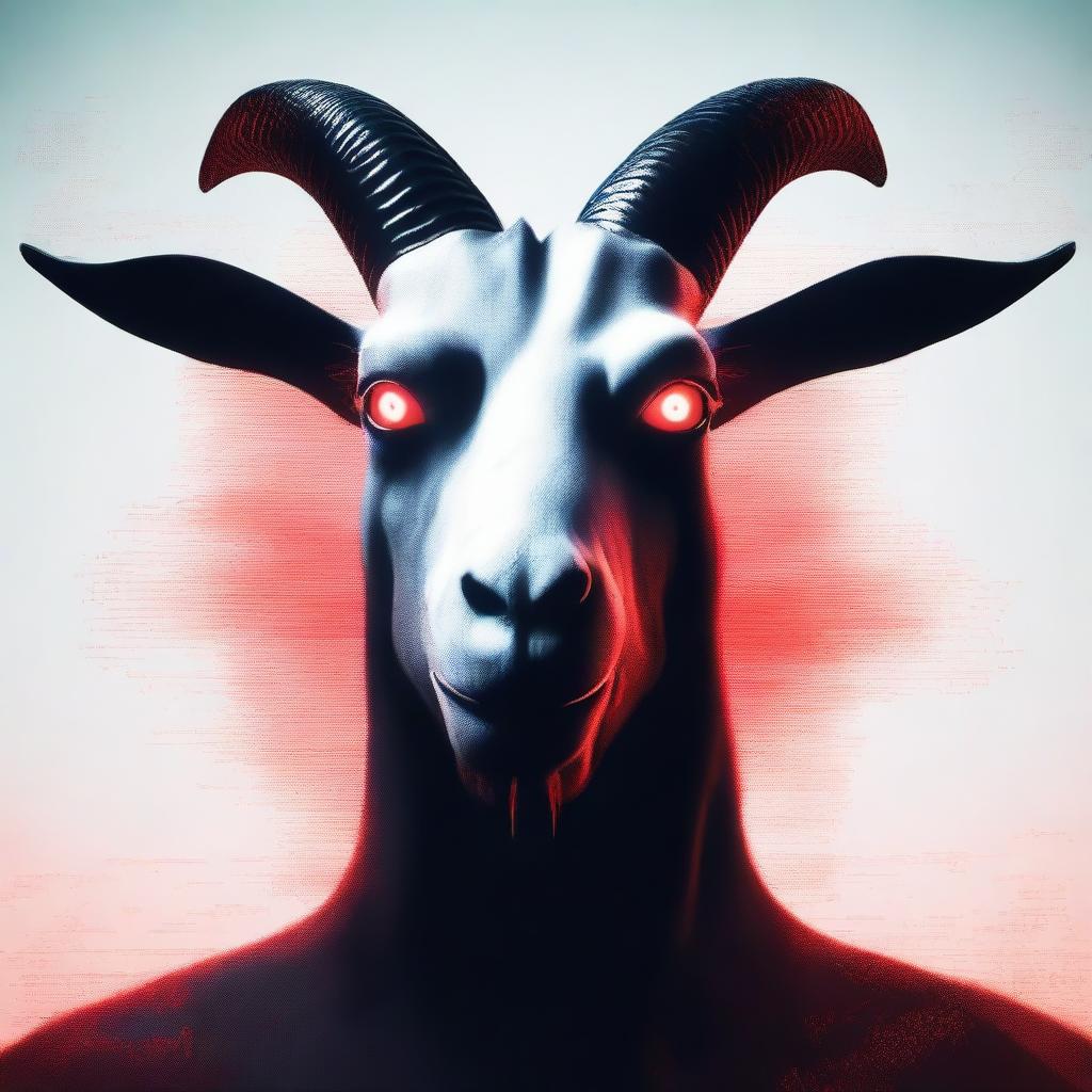 Create an image of Pilgor EXE, a character inspired by the Goat Simulator game, depicted as a digital, glitchy goat with red glowing eyes and a menacing appearance