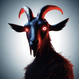 Create an image of Pilgor EXE, a character inspired by the Goat Simulator game, depicted as a digital, glitchy goat with red glowing eyes and a menacing appearance