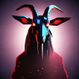 Create an image of Pilgor EXE, a character inspired by the Goat Simulator game, depicted as a digital, glitchy goat with red glowing eyes and a menacing appearance