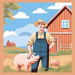 A detailed illustration of a farmer and a pig in a peaceful farm setting