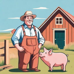 A detailed illustration of a farmer and a pig in a peaceful farm setting