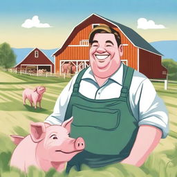 A detailed illustration of a farmer and a pig in a peaceful farm setting