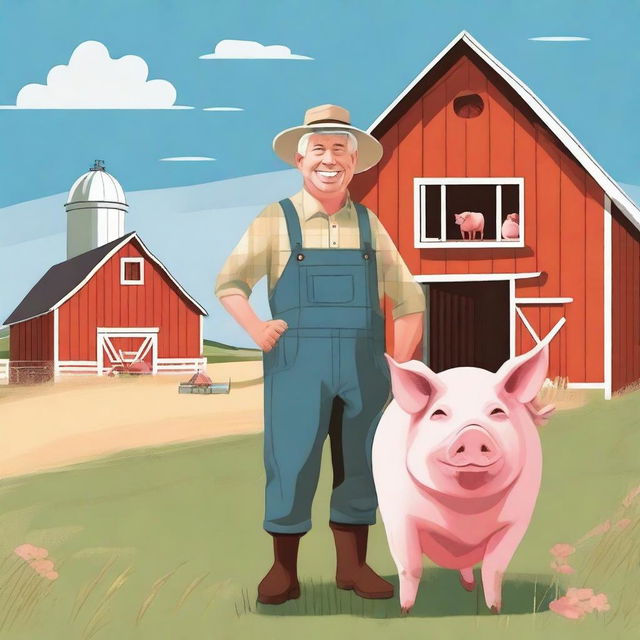 A detailed illustration of a farmer and a pig in a peaceful farm setting