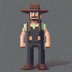 Create an image of a farmer character with a glitchy, corrupted appearance, reminiscent of a 