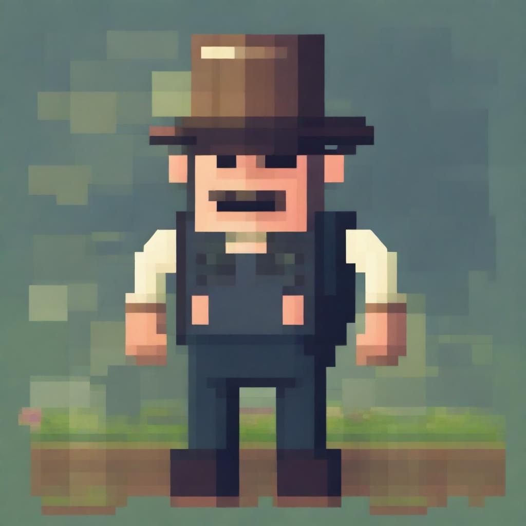 Create an image of a farmer character with a glitchy, corrupted appearance, reminiscent of a 