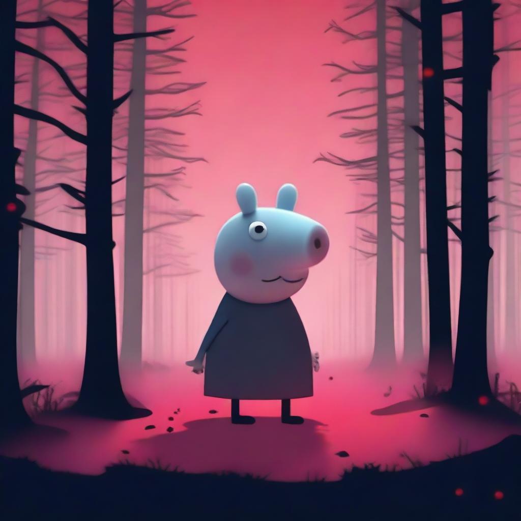 A dark and eerie version of Peppa Pig, with glitch effects and red glowing eyes, inspired by horror game aesthetics