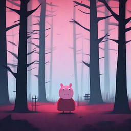 A dark and eerie version of Peppa Pig, with glitch effects and red glowing eyes, inspired by horror game aesthetics