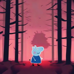 A dark and eerie version of Peppa Pig, with glitch effects and red glowing eyes, inspired by horror game aesthetics