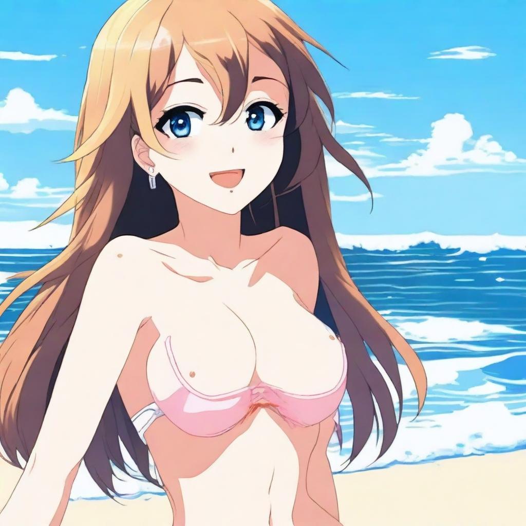 An anime girl at the beach wearing a bikini, enjoying the sunny weather and the waves