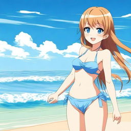 An anime girl at the beach wearing a bikini, enjoying the sunny weather and the waves