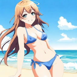 An anime girl at the beach wearing a bikini, enjoying the sunny weather and the waves