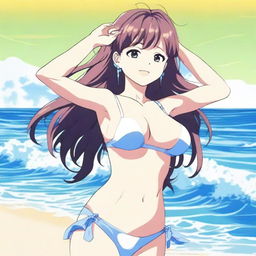 An anime girl at the beach wearing a bikini, enjoying the sunny weather and the waves