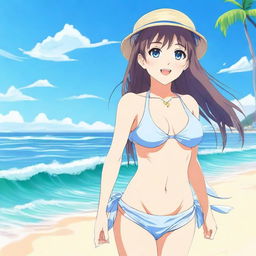 An anime girl at the beach wearing a bikini, enjoying the sunny weather and the waves