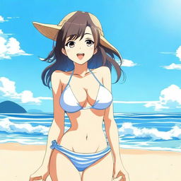 An anime girl at the beach wearing a bikini, enjoying the sunny weather and the waves