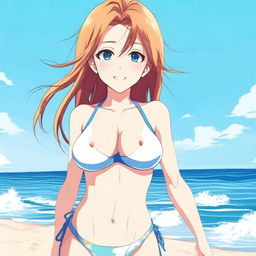 An anime girl at the beach wearing a bikini, enjoying the sunny weather and the waves