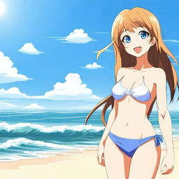 An anime girl at the beach wearing a bikini, enjoying the sunny weather and the waves