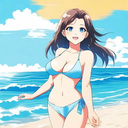 An anime girl at the beach wearing a bikini, enjoying the sunny weather and the waves