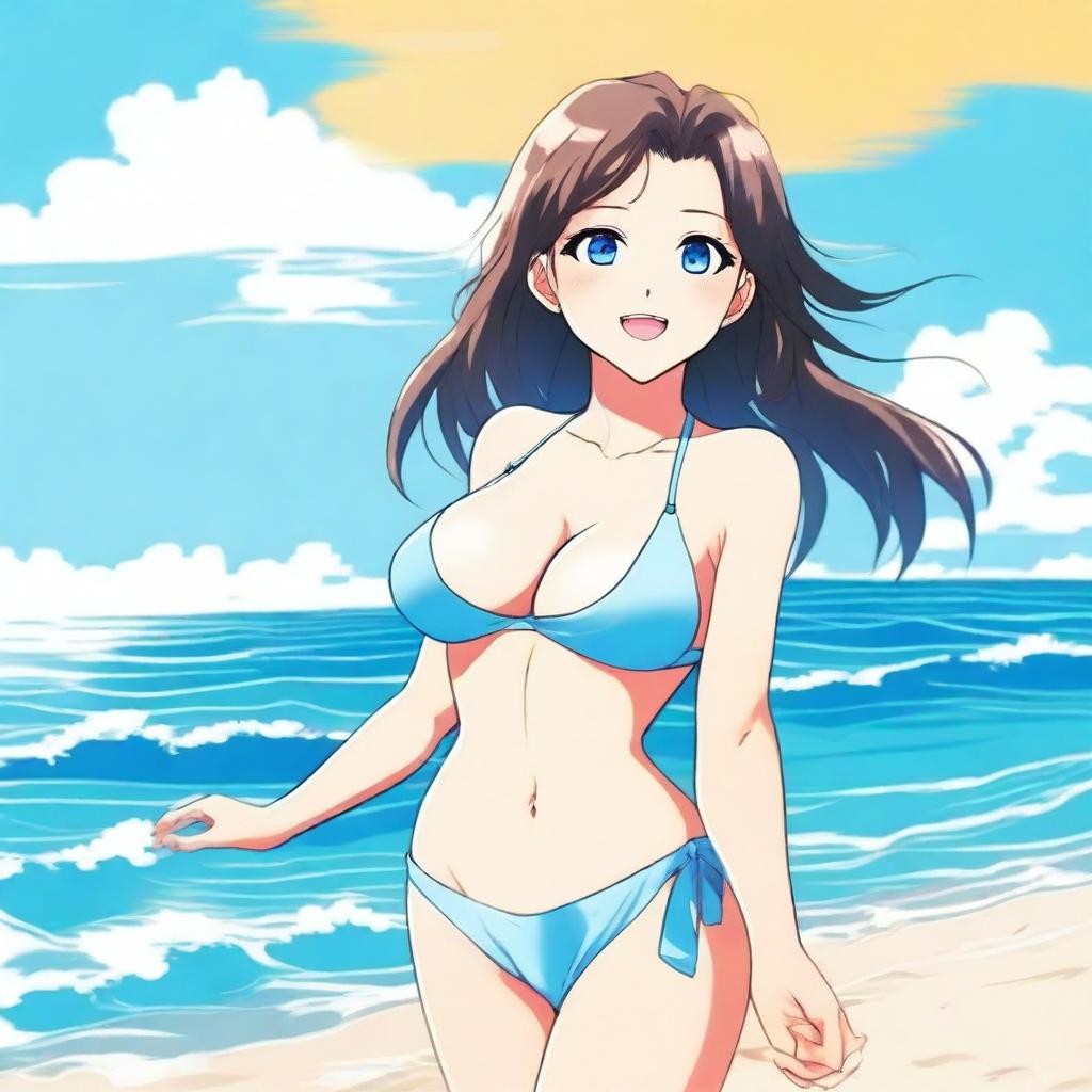 An anime girl at the beach wearing a bikini, enjoying the sunny weather and the waves