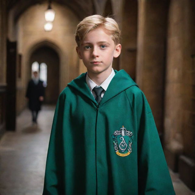 A cool blonde boy with striking green eyes, proudly wearing his Slytherin robes while walking through the Hogwarts corridors