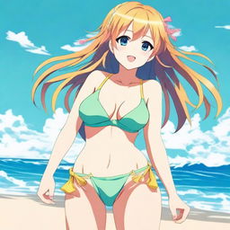 An anime girl at the beach wearing a bikini, enjoying the sunny weather and the waves