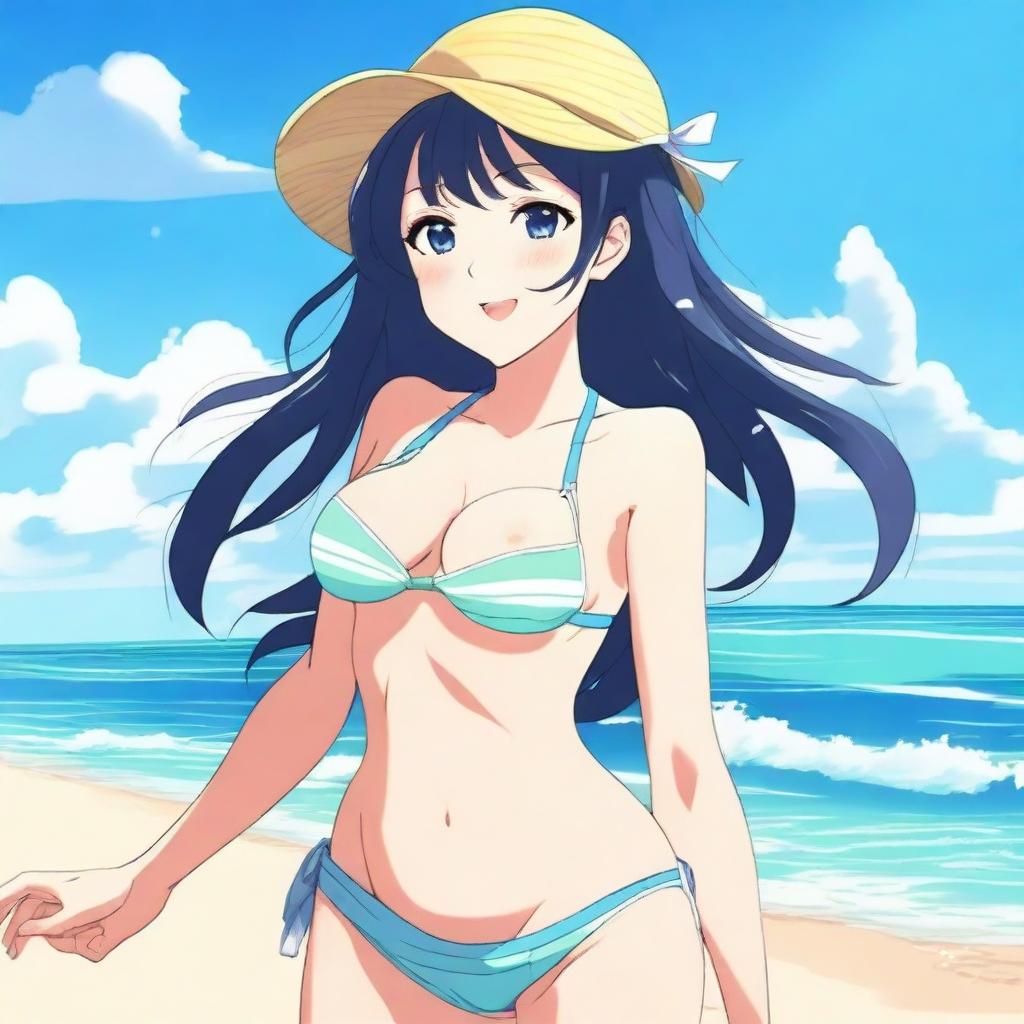 An anime girl at the beach wearing a bikini, enjoying the sunny weather and the waves