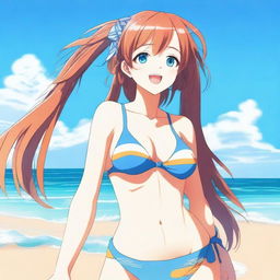 An anime girl at the beach wearing a bikini, enjoying the sunny weather and the waves