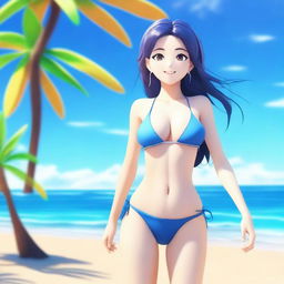 A 3D-rendered anime girl at the beach wearing a bikini, enjoying the sunny weather and the waves