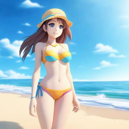 A 3D-rendered anime girl at the beach wearing a bikini, enjoying the sunny weather and the waves