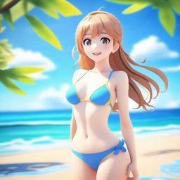 A 3D-rendered anime girl at the beach wearing a bikini, enjoying the sunny weather and the waves